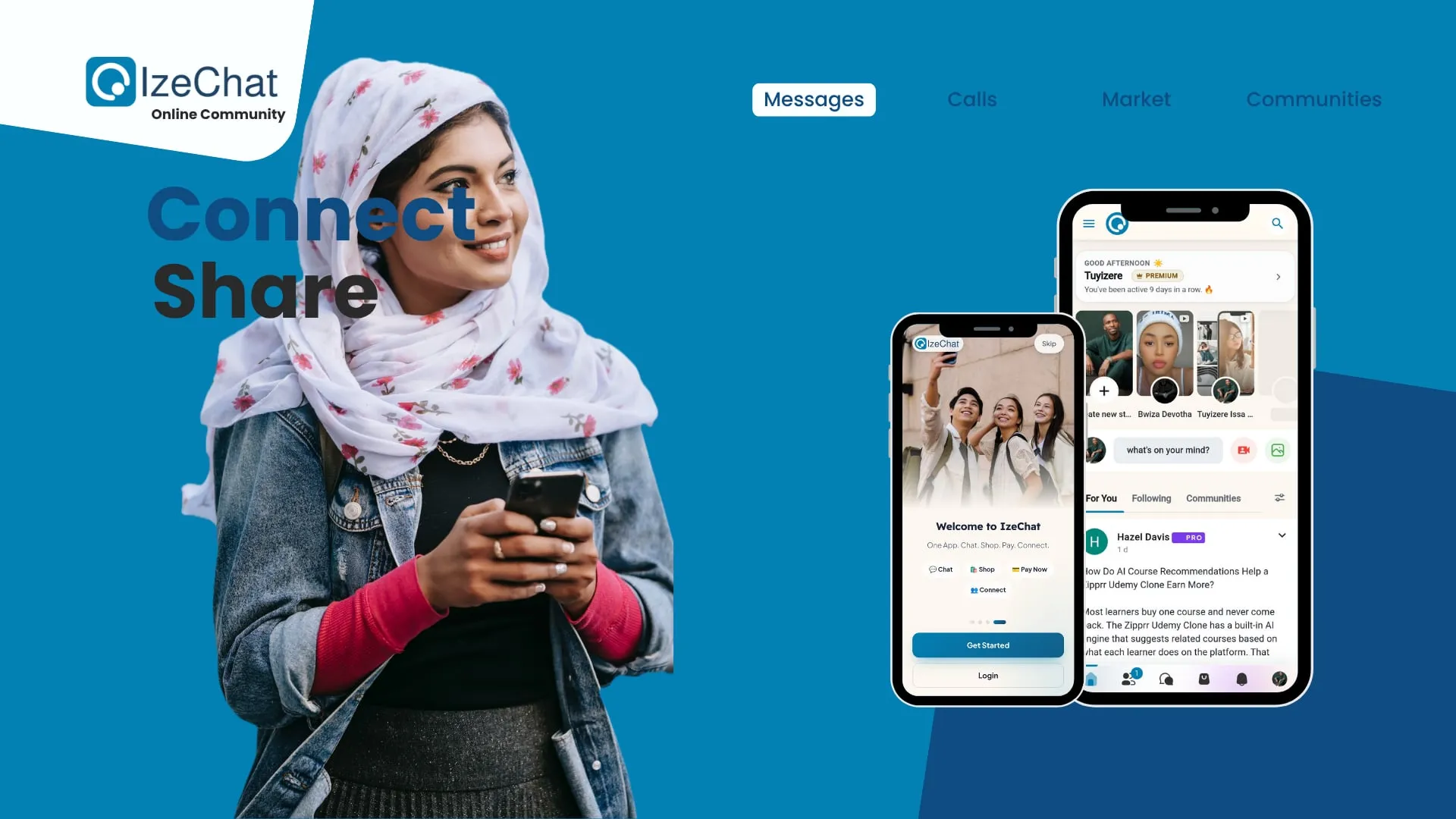 IzeChat promotional banner showing a woman using the IzeChat app, beside two phones displaying the IzeChat home feed.